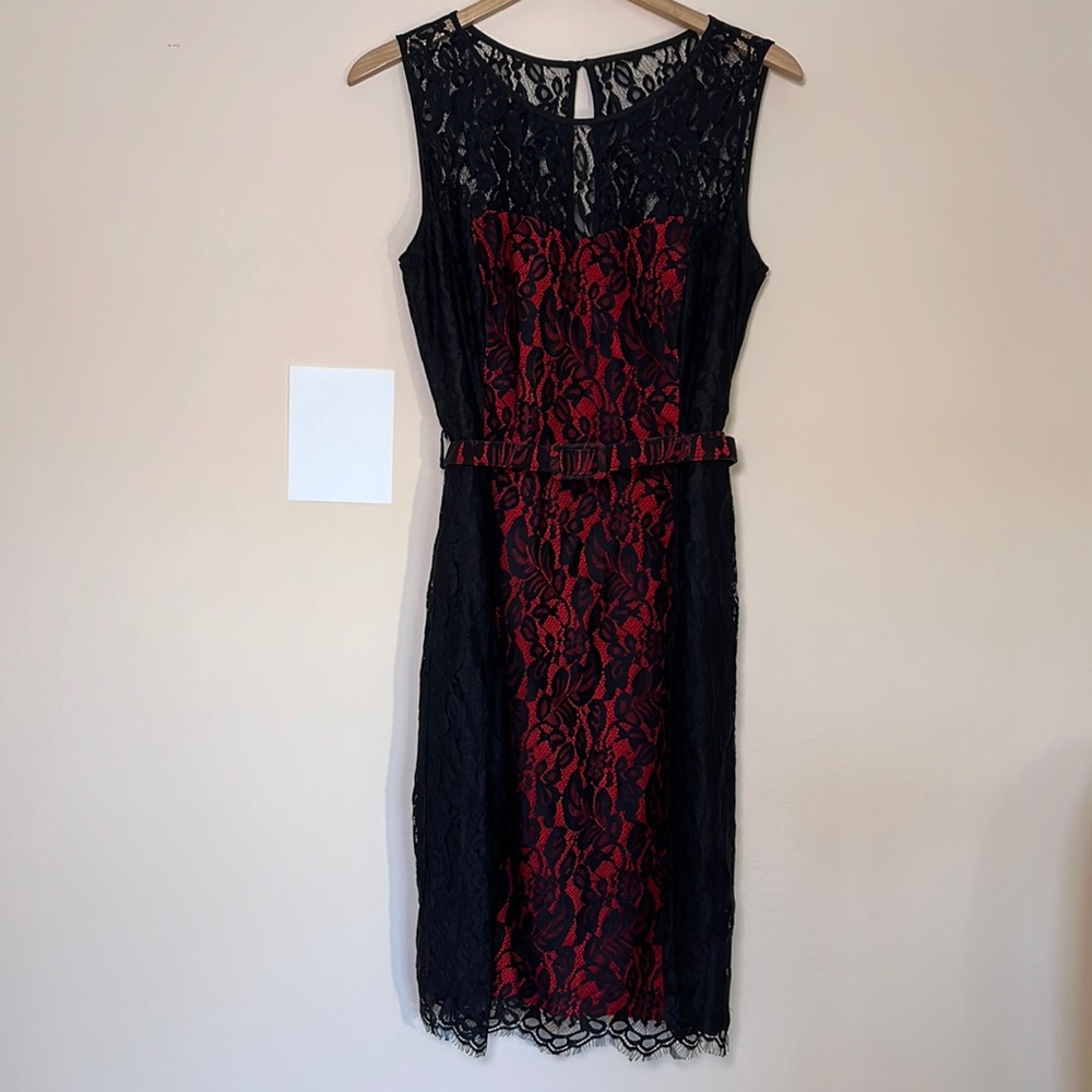 New City Chic belted black lace dress with red underlay plus size